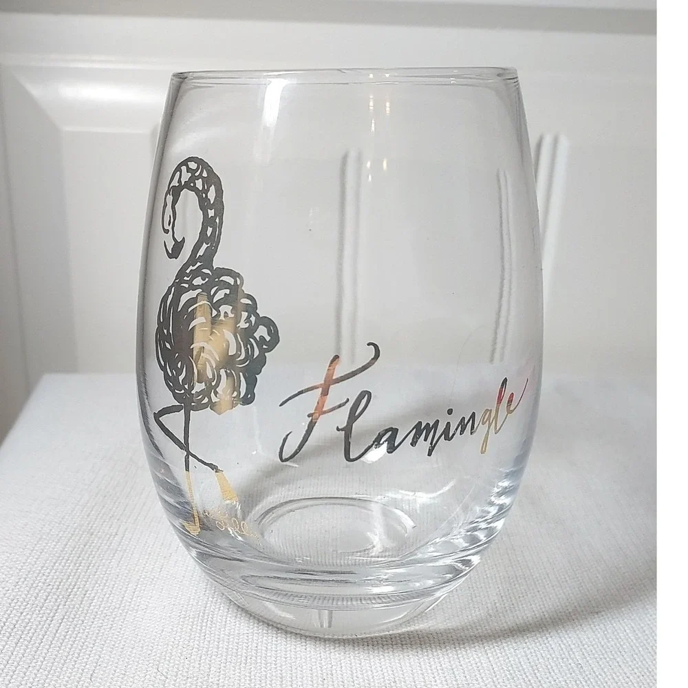 Lilly‎ Pulitzer Stemless Wine Glass Clear Gold Flamingo Flamingle Barware 4.5in